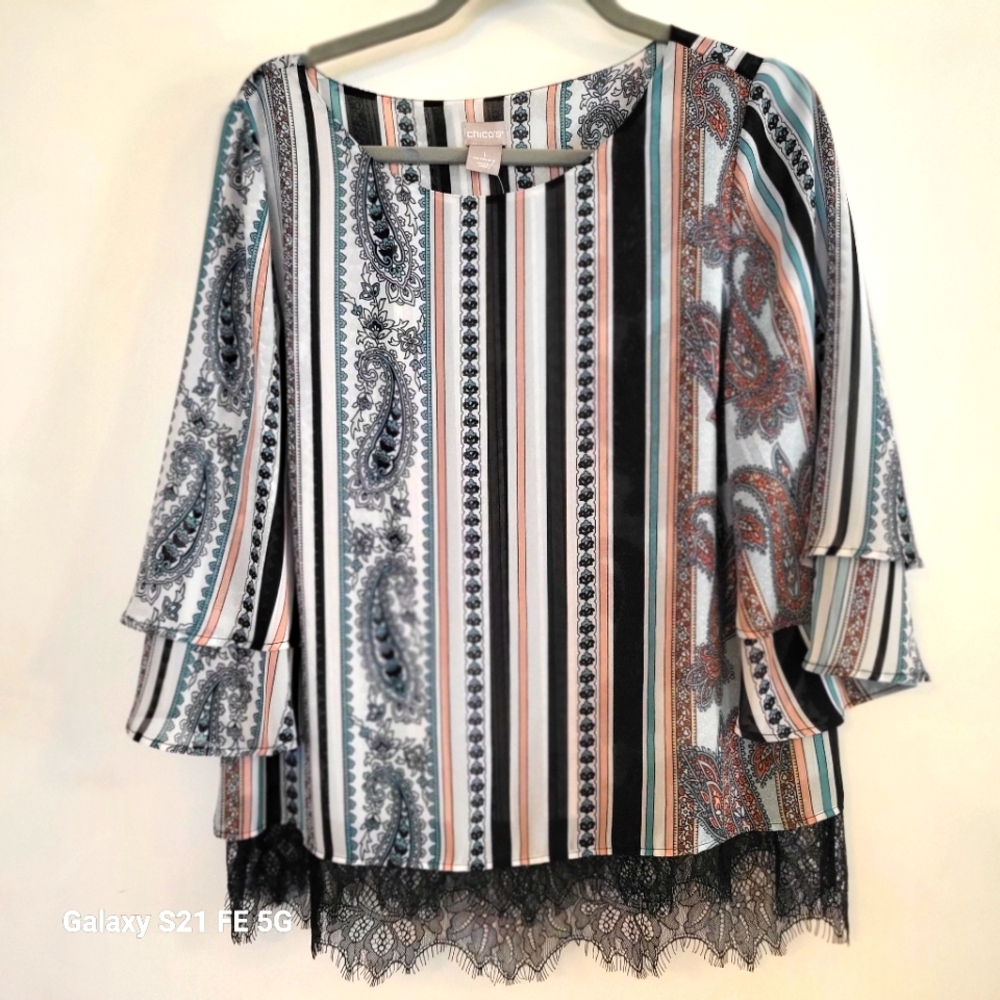 Chico's Striped and Paisley Women's Blouse with Lace Trim